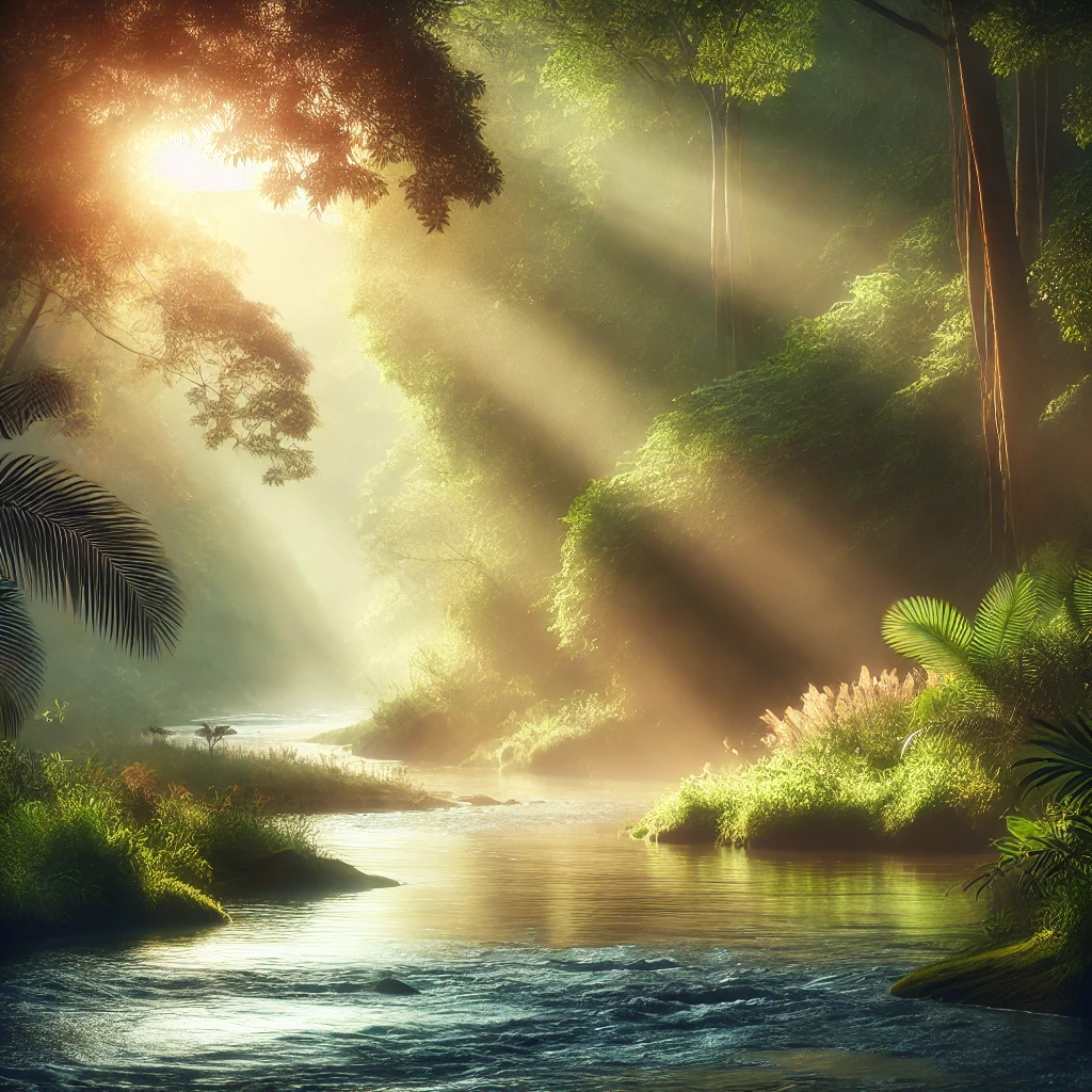 illustration d'une forêt où la lumière illumine les zones d'ombre